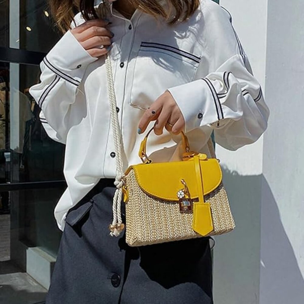 Neiman Marcus Yellow Natural Woven Floral Straw Box Bag